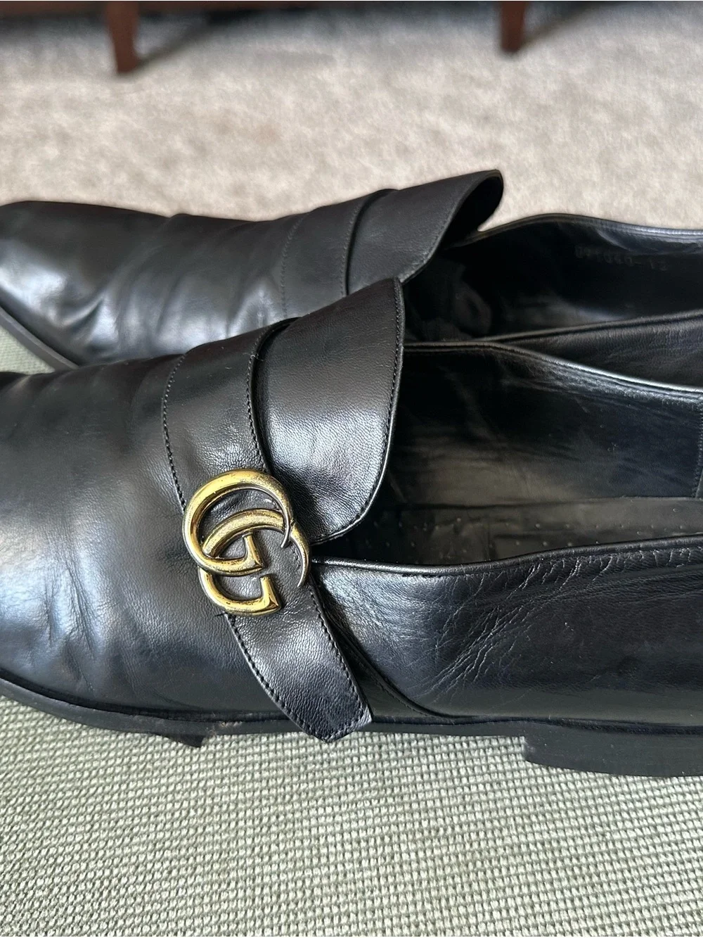 Gucci Black Leather Loafers with Gold Double G Hardware